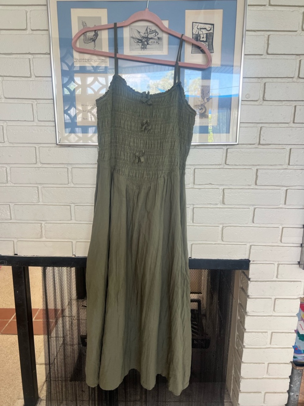 American Eagle Outfitters Olive Green Smocked Maxi Dress with Spaghetti Straps